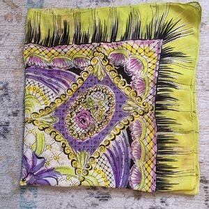 Vintage acid yellow gray purple & pink scarf 29” x 28” probably Rayon